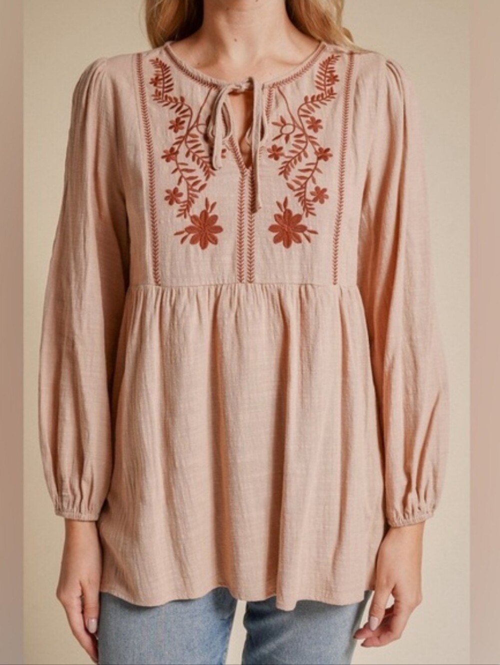NWT Hem & Thread Gauze Brown Embroidered Babydoll Top